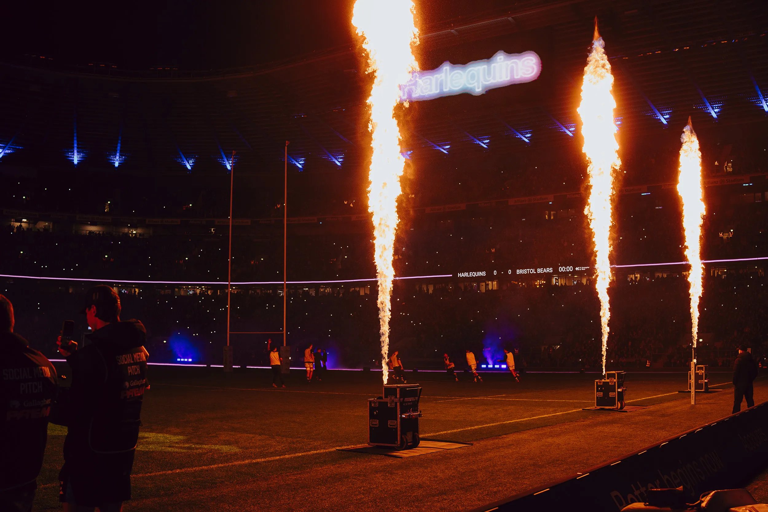 Flame jets fire pitchside as the teams enter, Big Game 17 at Twickenham