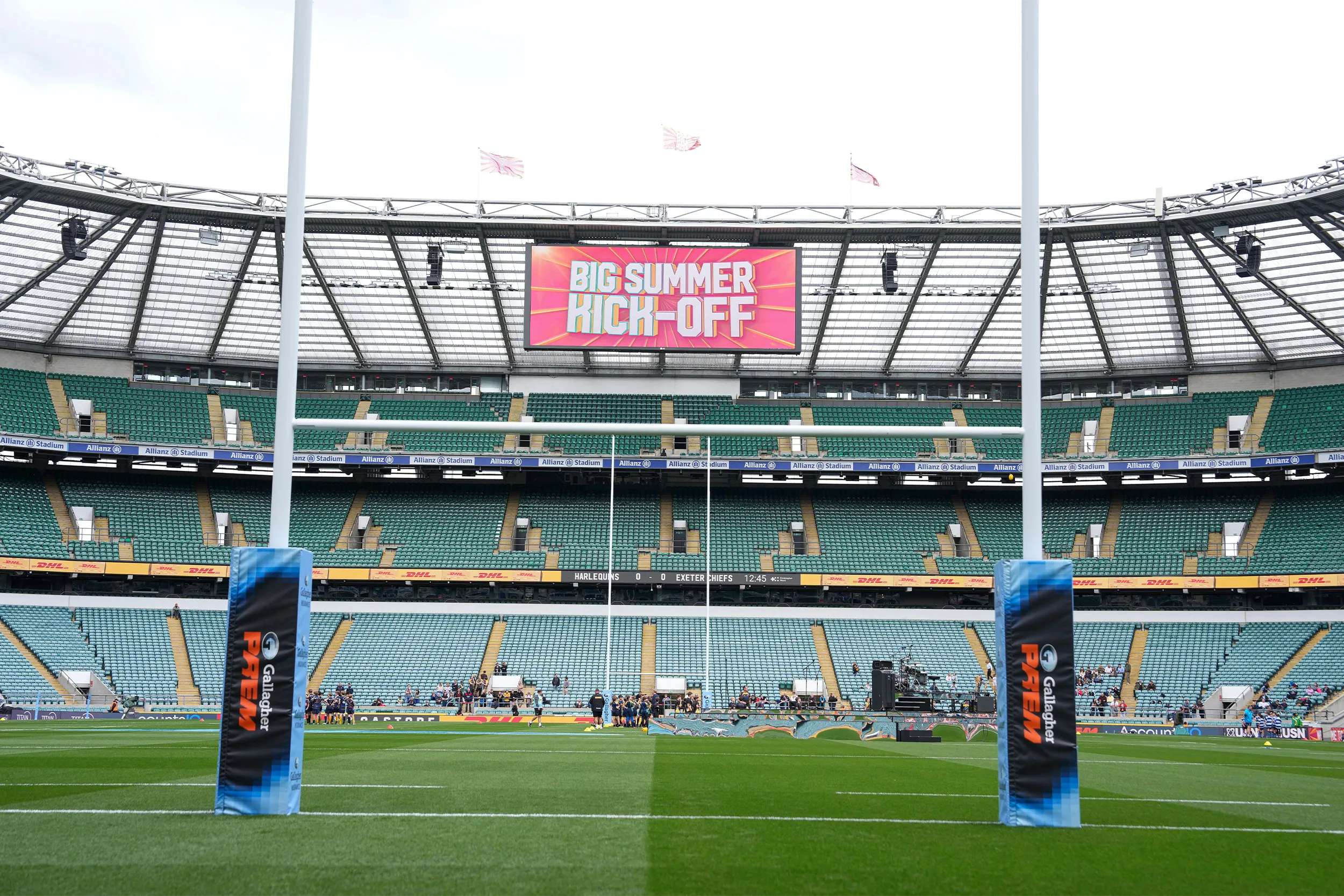 The stadium seen from between the posts, Big Summer Kick-Off on the big screen