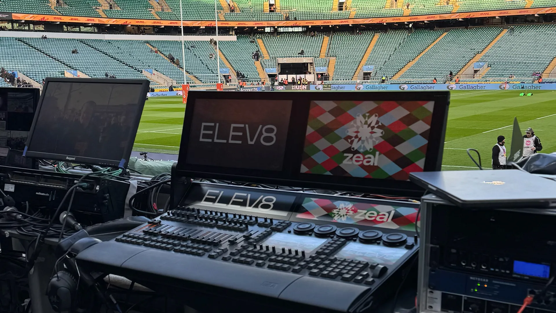 The lighting control position pitchside, ELEV8 and Zeal on the monitors during prep
